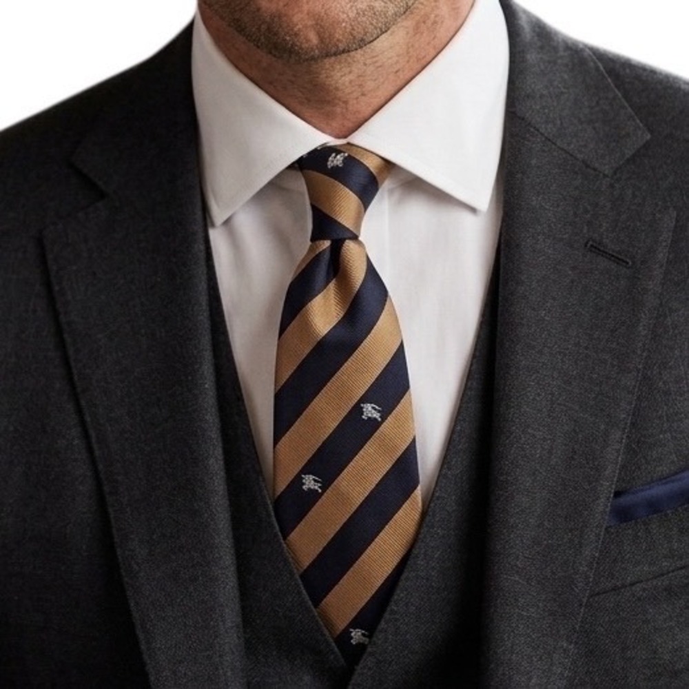 Burberry London Mens Silk Tie Navy Gold Striped Prorsum‎ Knight Logo Italy 3.75"